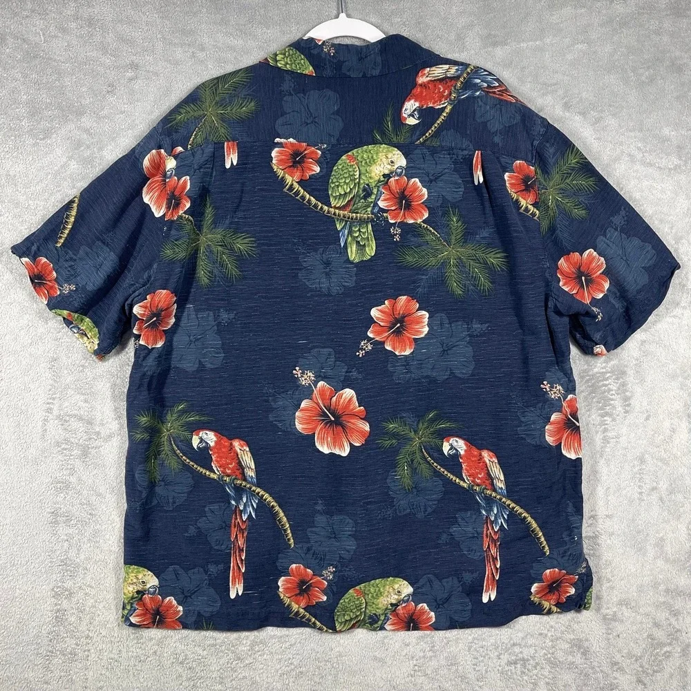 Caribbean Button Down Shirt Mens XL Blue Silk Tropical Parrot Hibiscus Camp - Picture 7 of 8